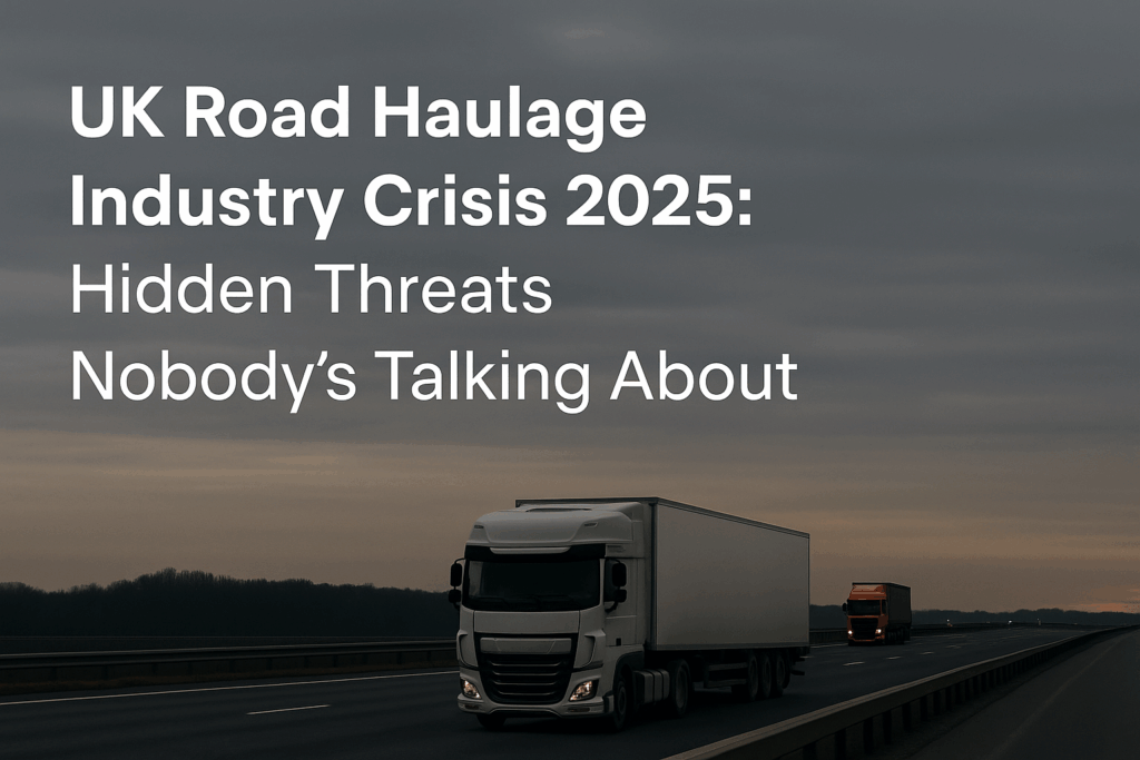 Two HGV trucks driving on a UK motorway at dusk with dark clouds overhead. Overlaid text reads: ‘UK Road Haulage Industry Crisis 2025: Hidden Threats Nobody’s Talking About.