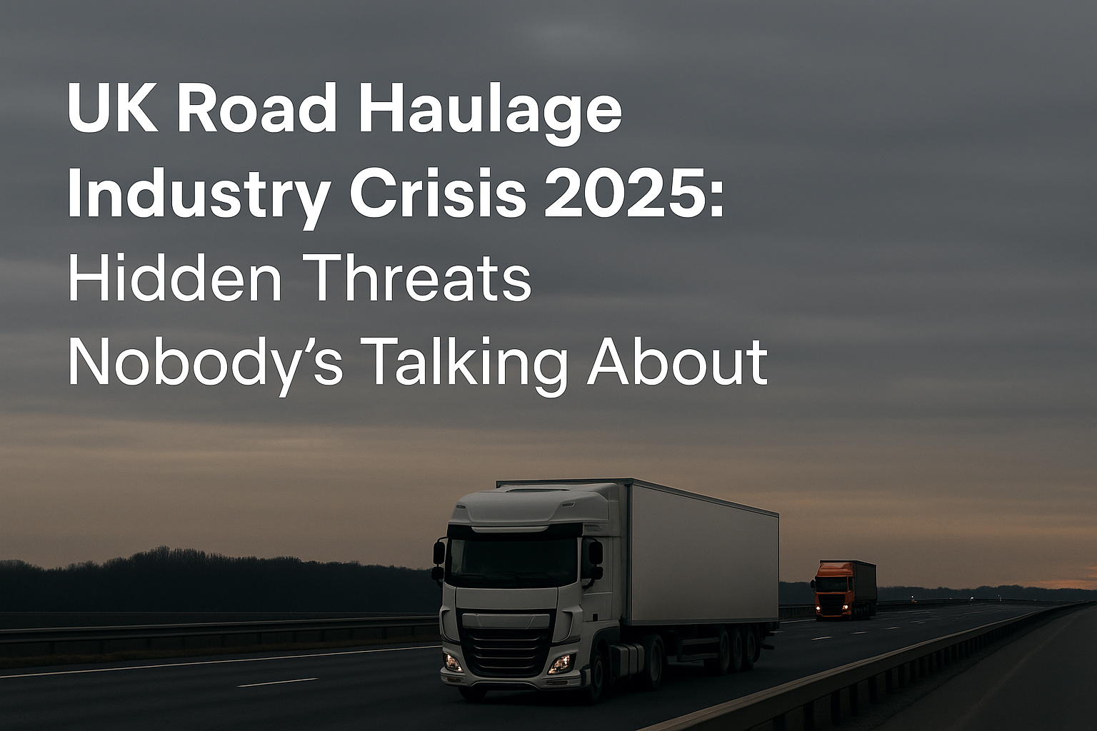 Two HGV trucks driving on a UK motorway at dusk with dark clouds overhead. Overlaid text reads: ‘UK Road Haulage Industry Crisis 2025: Hidden Threats Nobody’s Talking About.