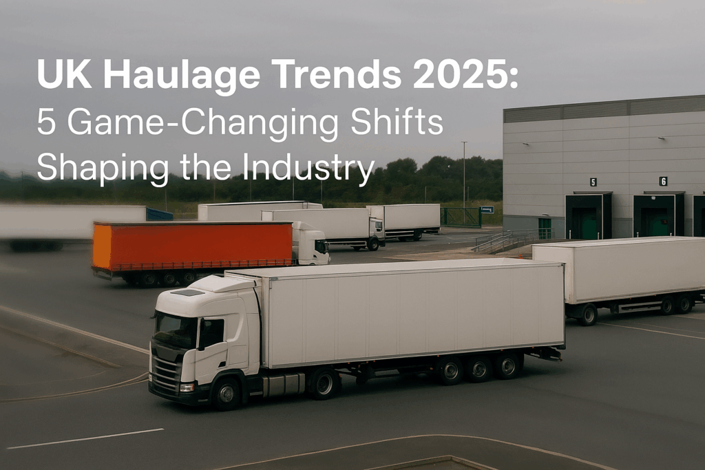 A group of haulage trucks loading and departing from a UK logistics depot under an overcast sky, with the title “UK Haulage Trends 2025: 5 Game-Changing Shifts Shaping the Industry” displayed on the left.