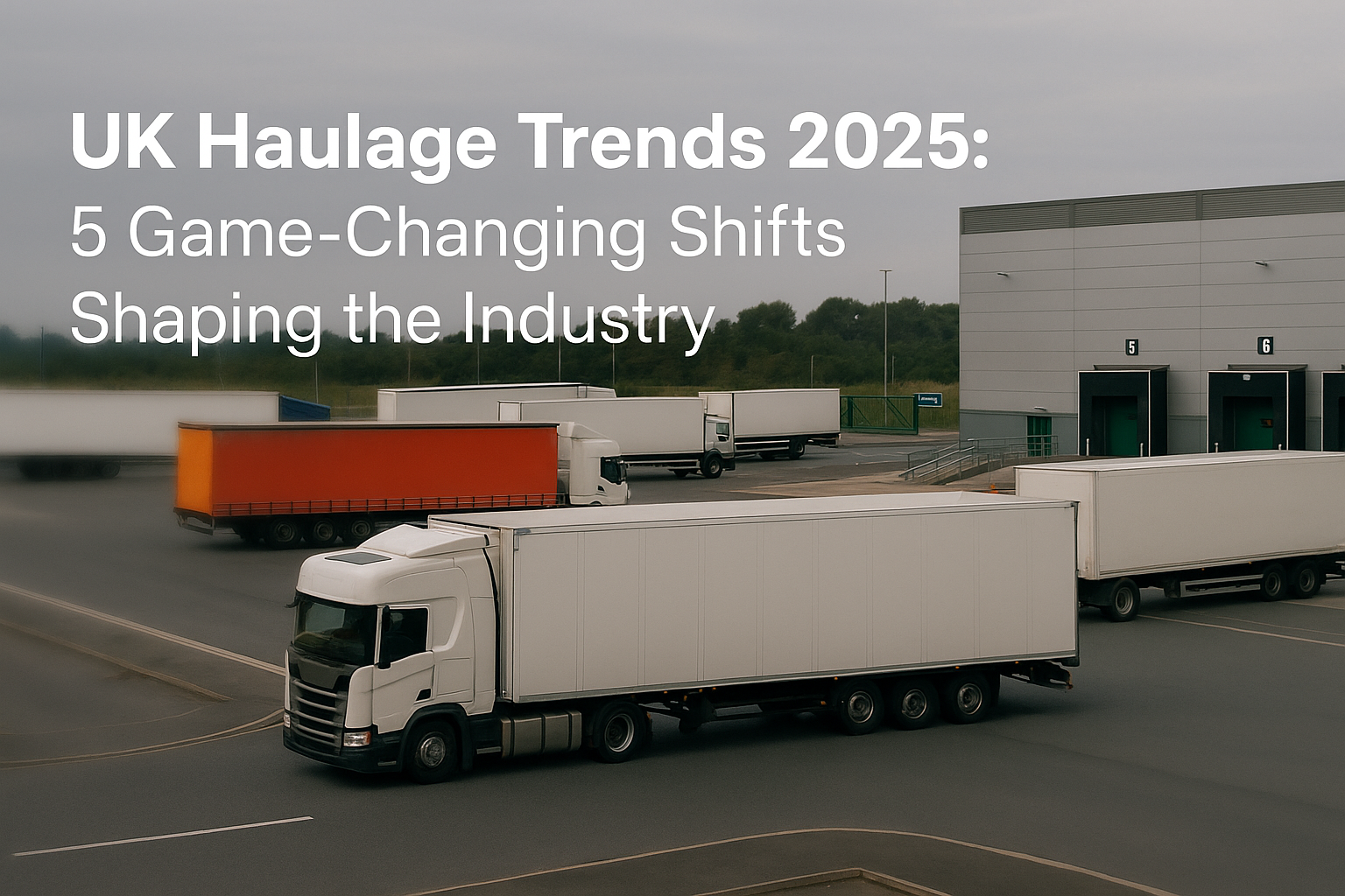 A group of haulage trucks loading and departing from a UK logistics depot under an overcast sky, with the title “UK Haulage Trends 2025: 5 Game-Changing Shifts Shaping the Industry” displayed on the left.