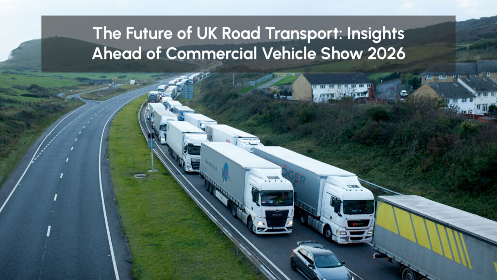 Heavy goods vehicles on a UK highway highlighting fleet congestion and the future of UK road transport ahead of Commercial Vehicle Show 2026