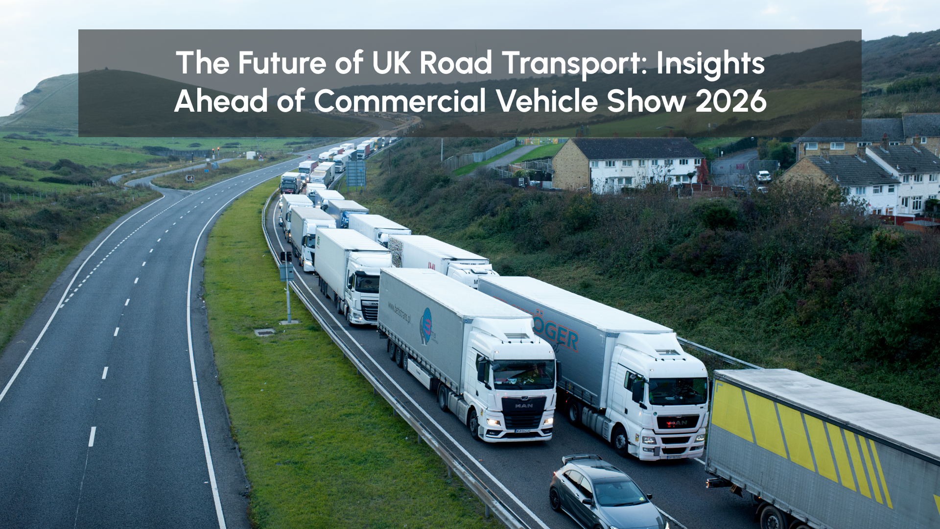 Heavy goods vehicles on a UK highway highlighting fleet congestion and the future of UK road transport ahead of Commercial Vehicle Show 2026