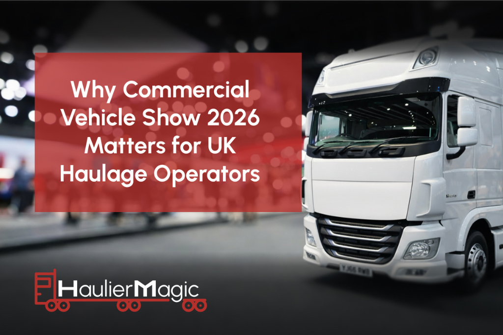 Commercial Vehicle Show 2026 banner image featuring a white haulage truck and the text “Why Commercial Vehicle Show 2026 Matters for UK Haulage Operators” with HaulierMagic branding