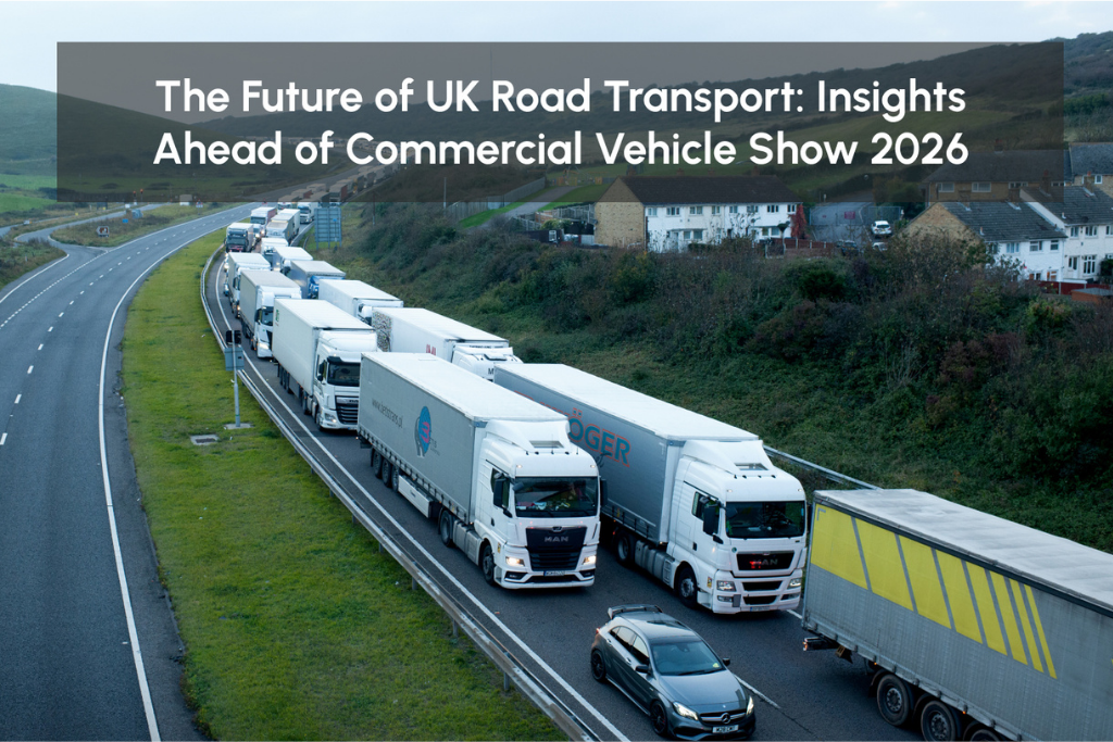 Heavy goods vehicles on a UK highway highlighting fleet congestion and the future of UK road transport ahead of Commercial Vehicle Show 2026
