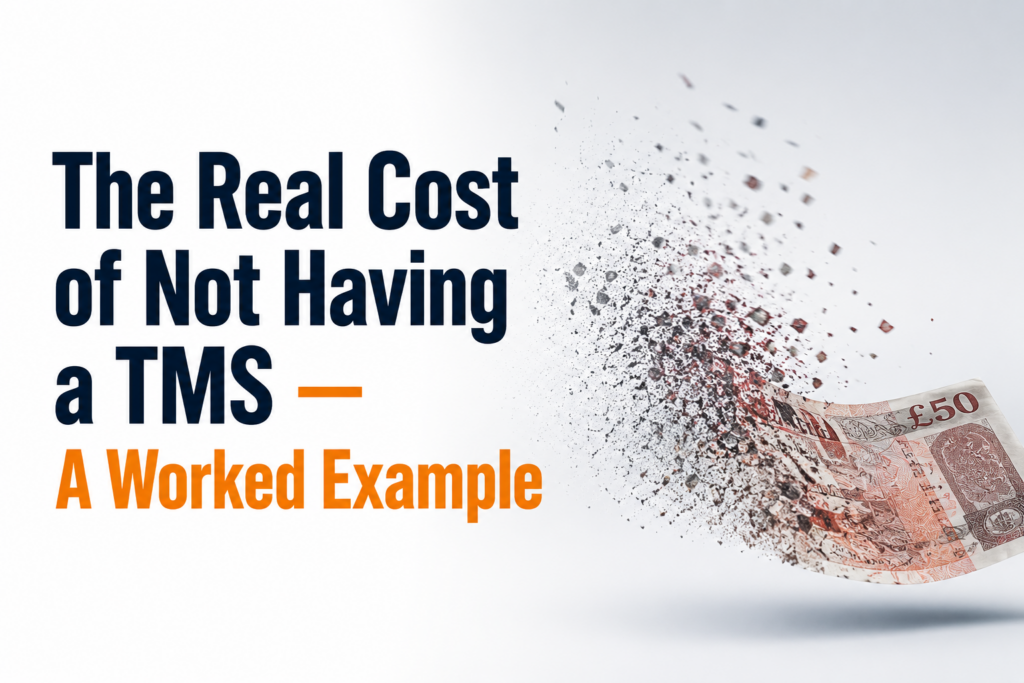 The Real Cost of Not Having a Transport Management System(TMS) blog cover showing a £50 note disintegrating into particles, representing hidden costs, lost profit and operational inefficiencies in haulage businesses.