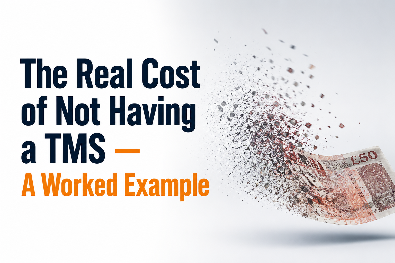 The Real Cost of Not Having a Transport Management System(TMS) blog cover showing a £50 note disintegrating into particles, representing hidden costs, lost profit and operational inefficiencies in haulage businesses.